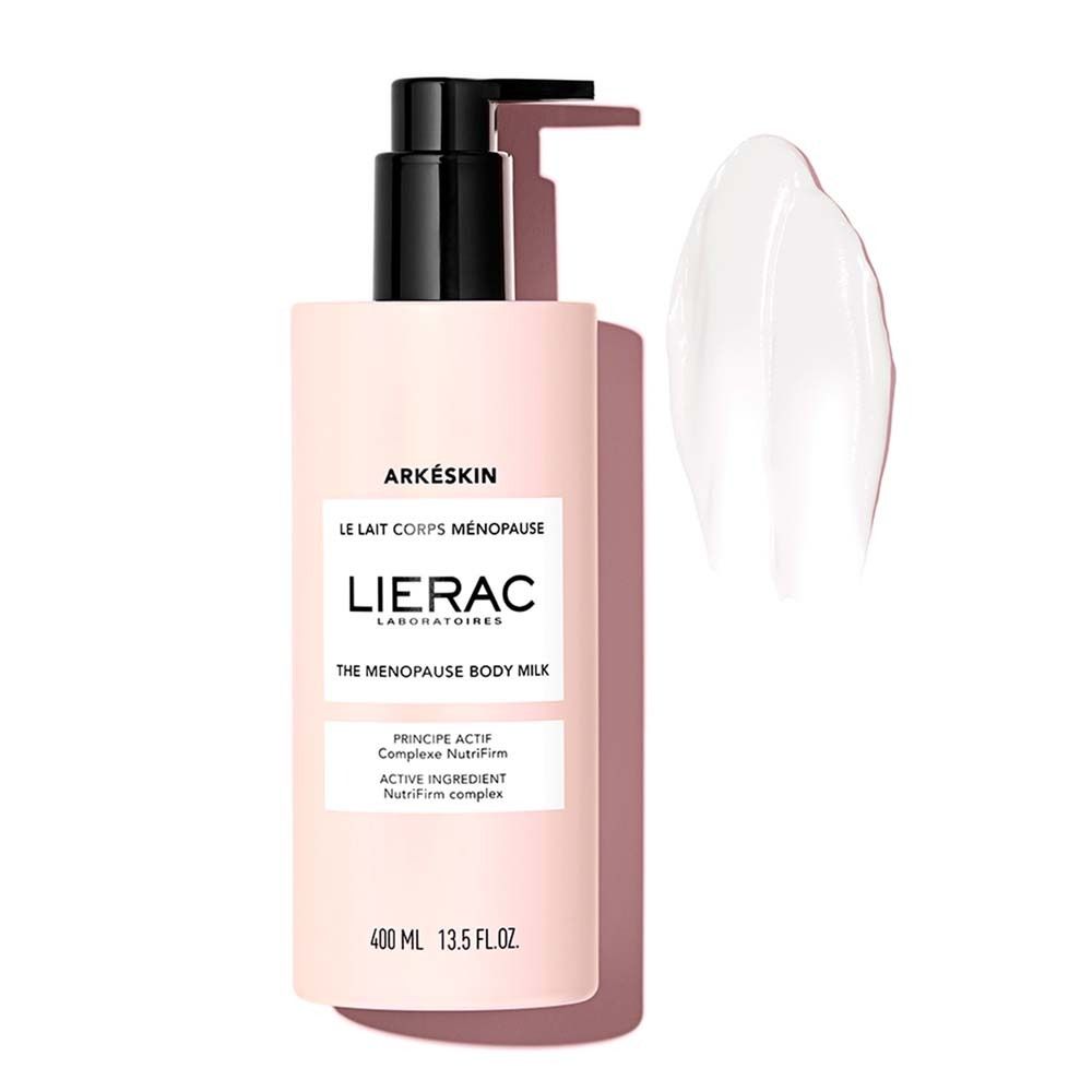 Rosa Flasche mit schwarzem Pumpkopf. Daneben ein Klecks weißer Creme. Aufschrift: Arkéskin, LIERAC.