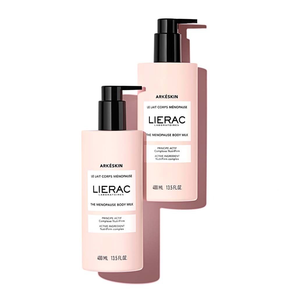 Zwei rosa Flaschen mit schwarzen Pumpköpfen. Aufschrift: Arkéskin, LIERAC, The Menopause Body Milk.