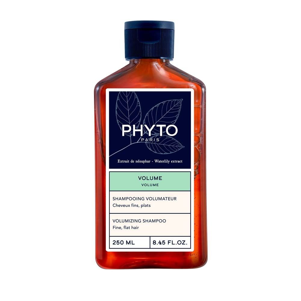 Braune Flasche mit blauem Deckel. Etikett mit "PHYTO PARIS", "VOLUME" und Produktinformationen. 250 ml.