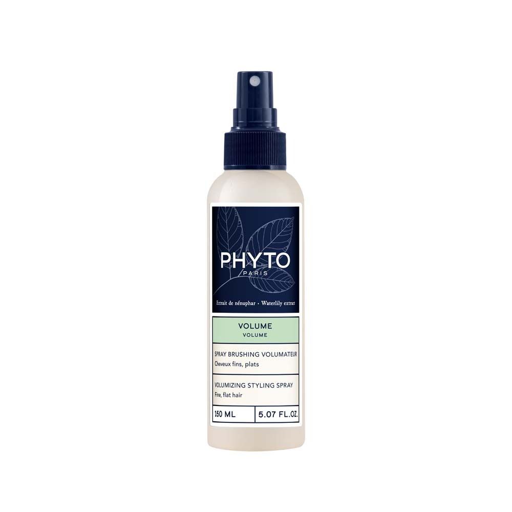 PHYTO Paris VOLUME Styling-Spray. Flasche mit blauem Sprühkopf. Etikett mit Logo und Produktinformationen. Volumen-Spray für feines Haar.