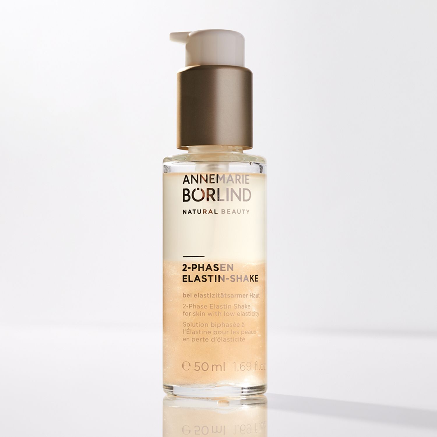 ANNEMARIE BÖRLIND 2-Phasen Elastin Shake. Flasche mit Pumpe. Zwei-Phasen-Flüssigkeit. Text.