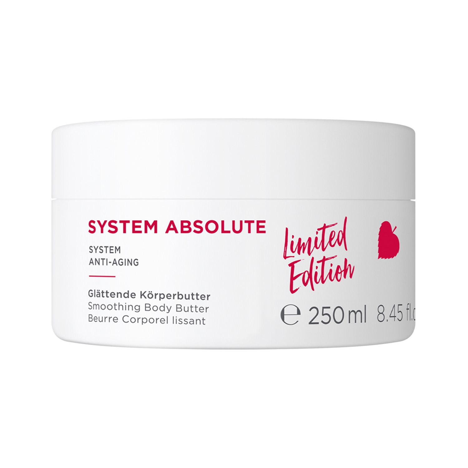 Weißer Tiegel mit roter Schrift. Aufschrift: SYSTEM ABSOLUTE, Glättende Körperbutter, Limited Edition, 250ml.