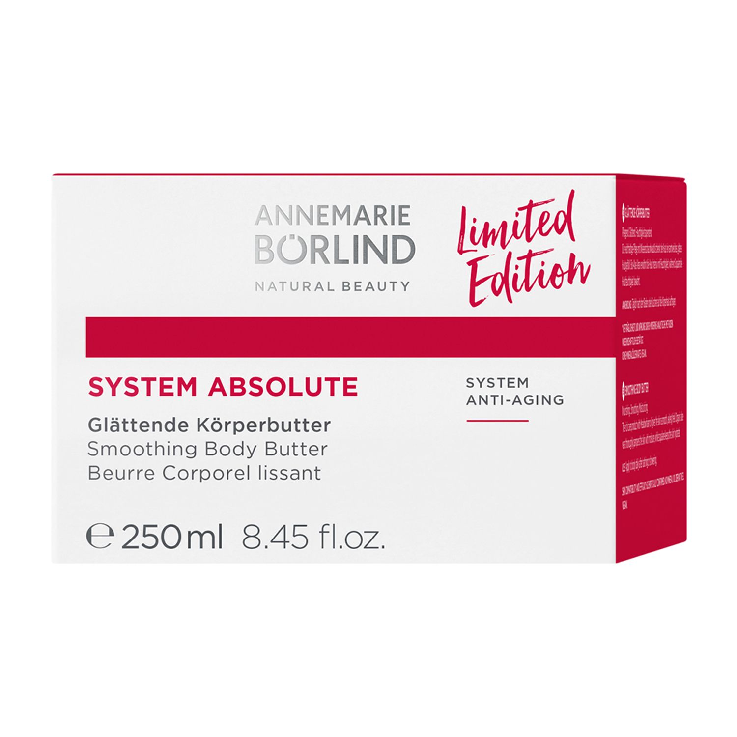 Weiße Verpackung mit roter Schrift. Aufschrift: ANNEMARIE BÖRLIND, SYSTEM ABSOLUTE, Glättende Körperbutter, Limited Edition, 250ml.