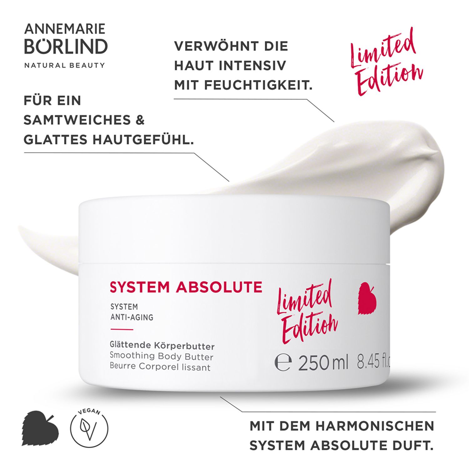 Weißer Tiegel mit roter Schrift und Text. Aufschrift: SYSTEM ABSOLUTE, Glättende Körperbutter, Limited Edition, 250ml. Text daneben.