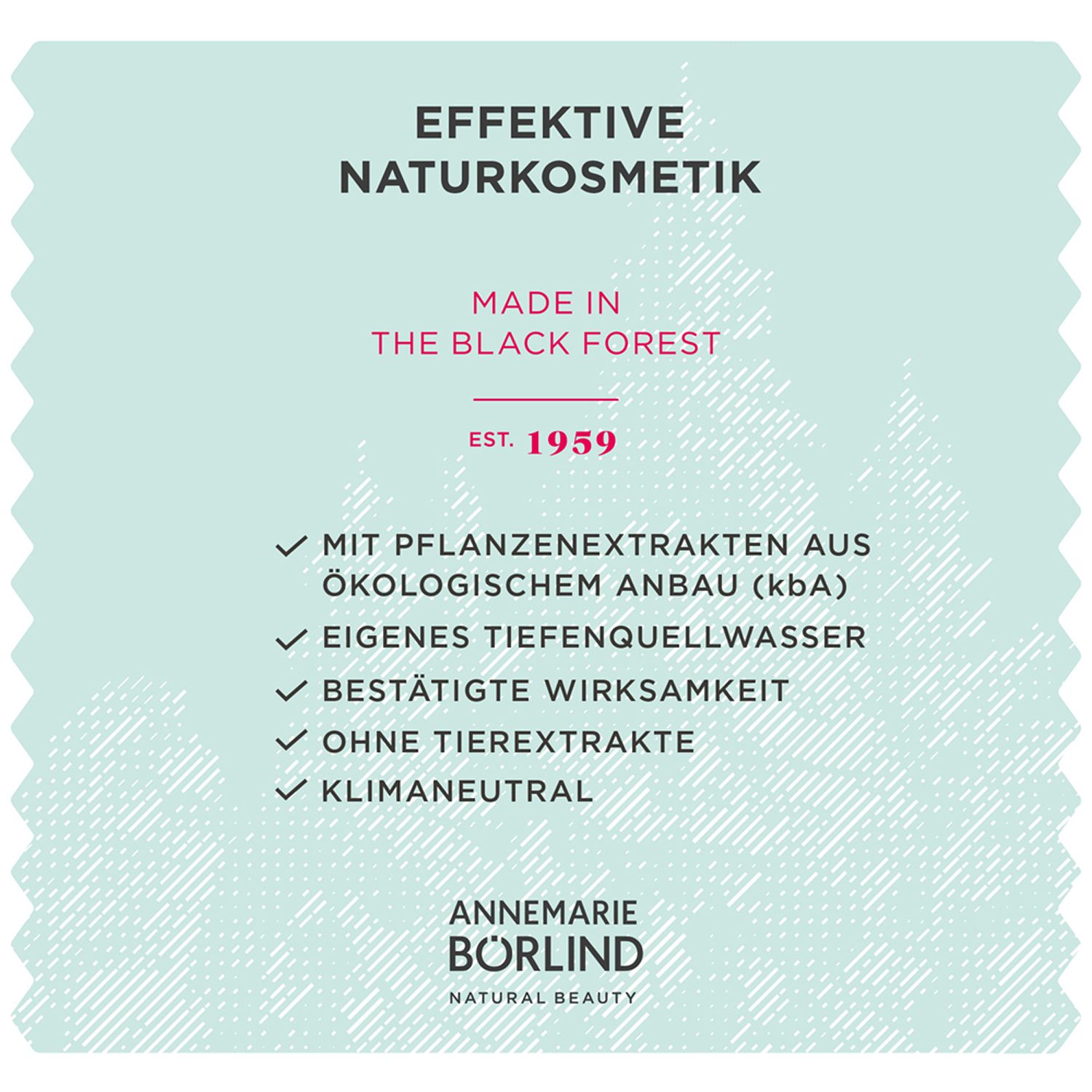 Blauer Hintergrund mit Text. Aufschrift: EFFEKTIVE NATURKOSMETIK, MADE IN THE BLACK FOREST, EST. 1959. Text darunter.