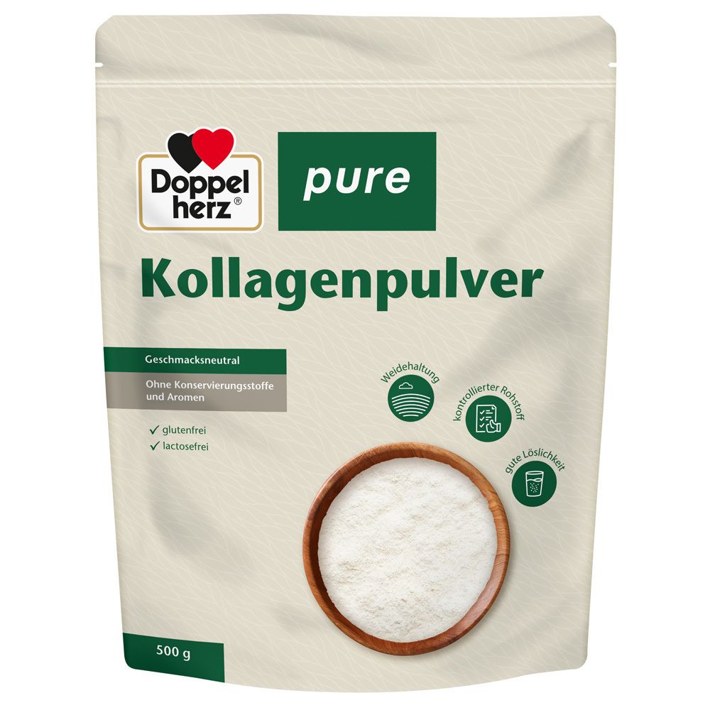 Beutel Doppelherz pure Kollagenpulver. Weißes Pulver in Schale. Aufschrift: Kollagenpulver, geschmacksneutral, glutenfrei, laktosefrei.