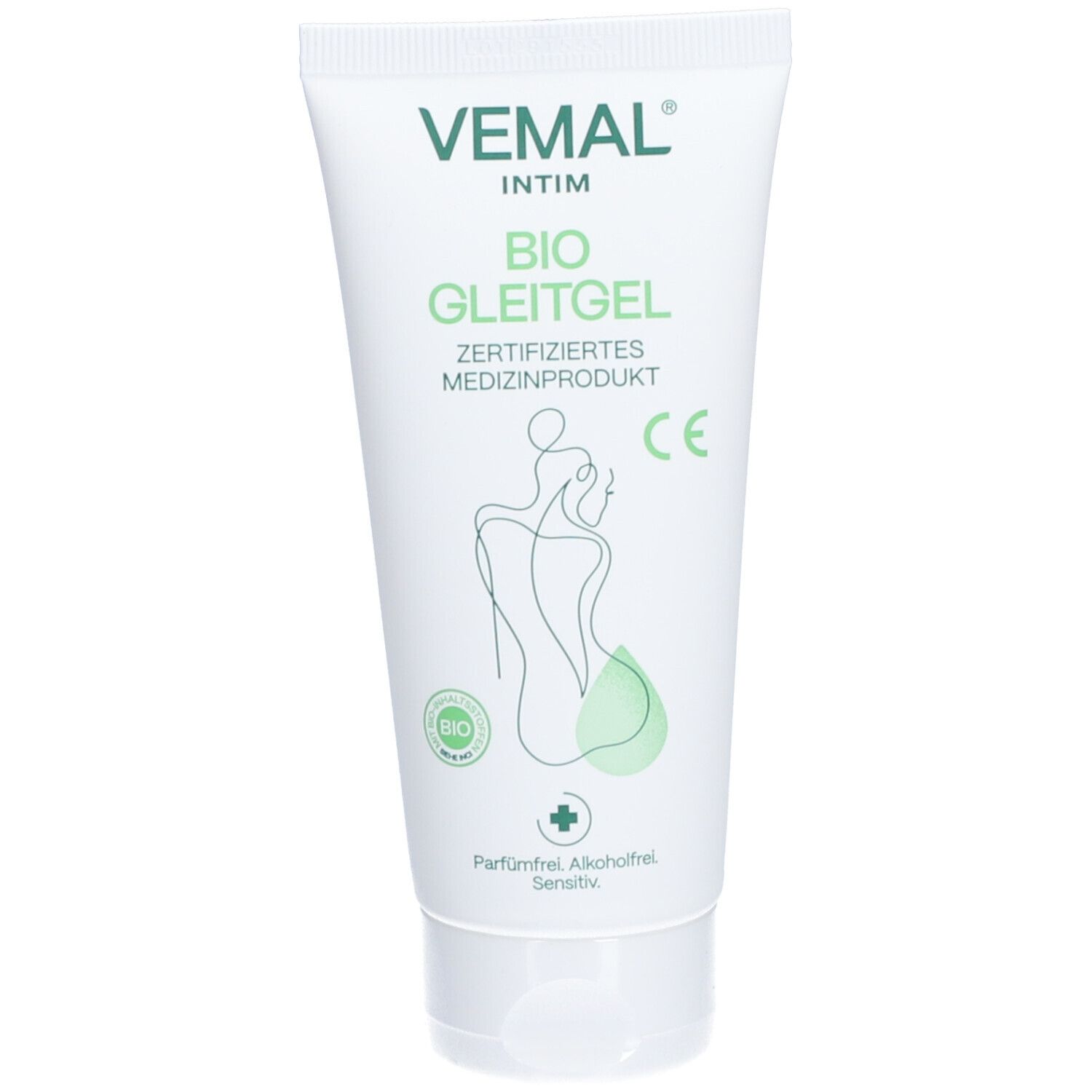 Weiße Tube mit Produktnamen und Logo. Bio Gleitgel, zertifiziertes Medizinprodukt. Abbildung einer Frau.