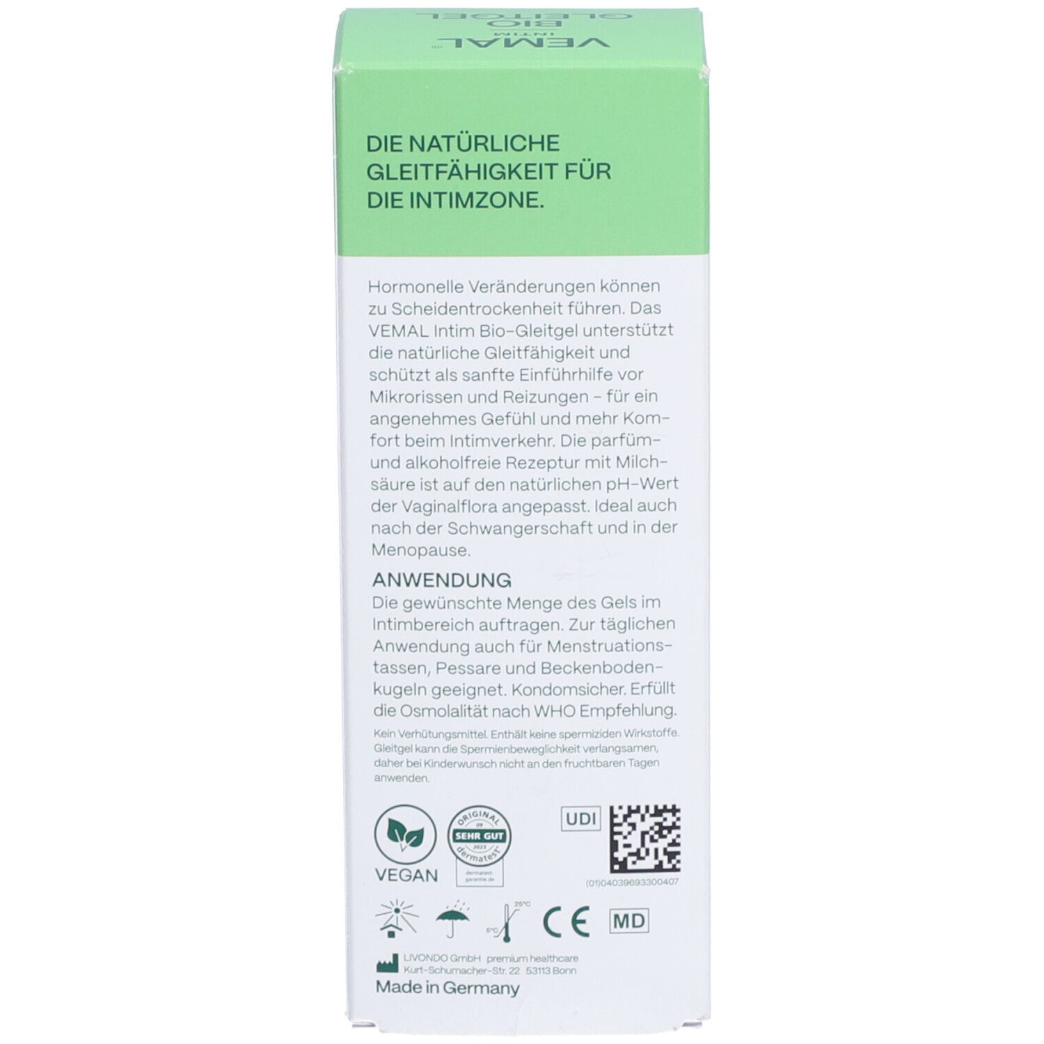 Rückseite der Schachtel. Text: Anwendung, Inhaltsstoffe, Vegan-Siegel, UDI-Code, CE-Kennzeichnung, MD-Kennzeichnung.