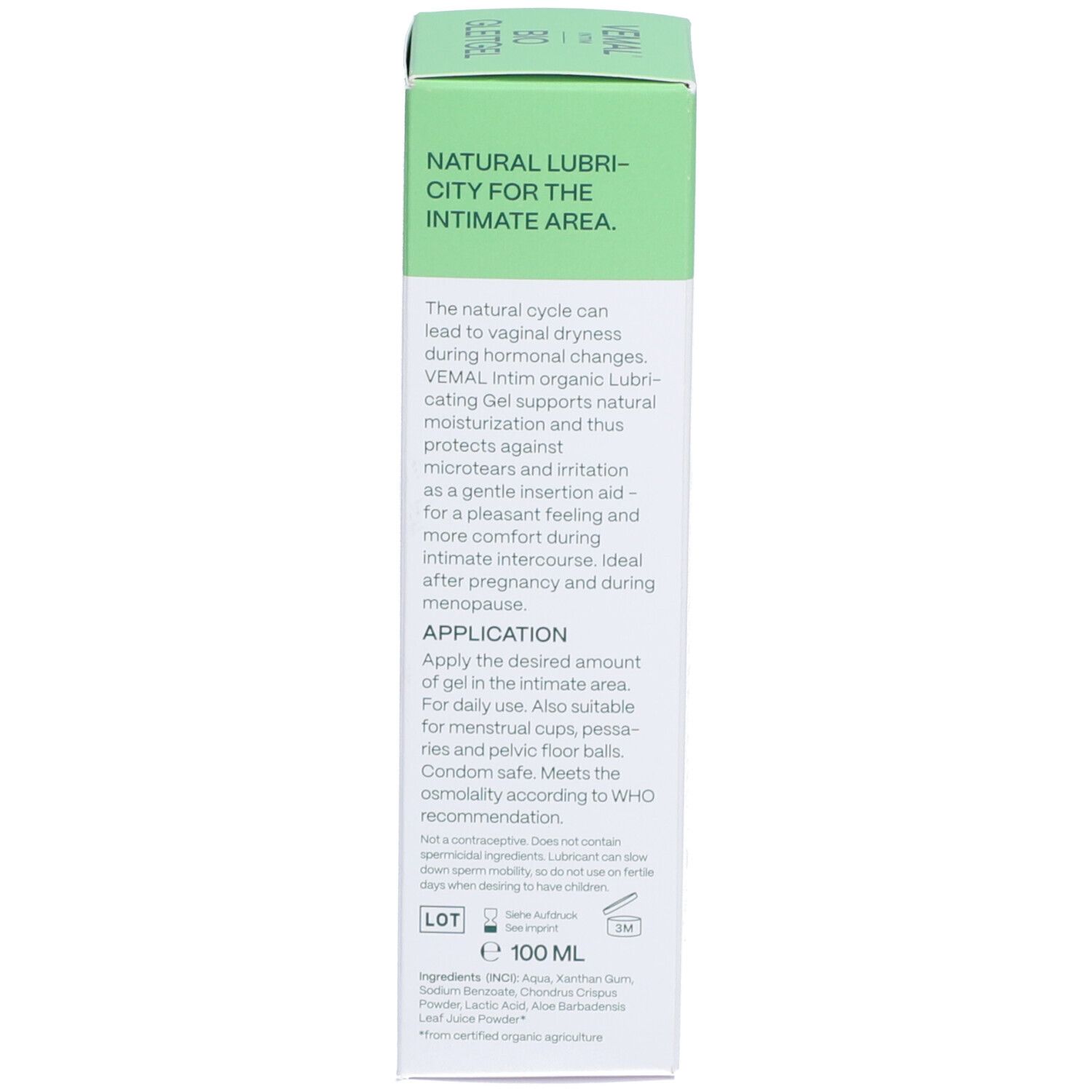 Rückseite der Schachtel. Text: Natural Lubricity for the intimate area. Anwendung, Inhaltsstoffe, 100 ml.