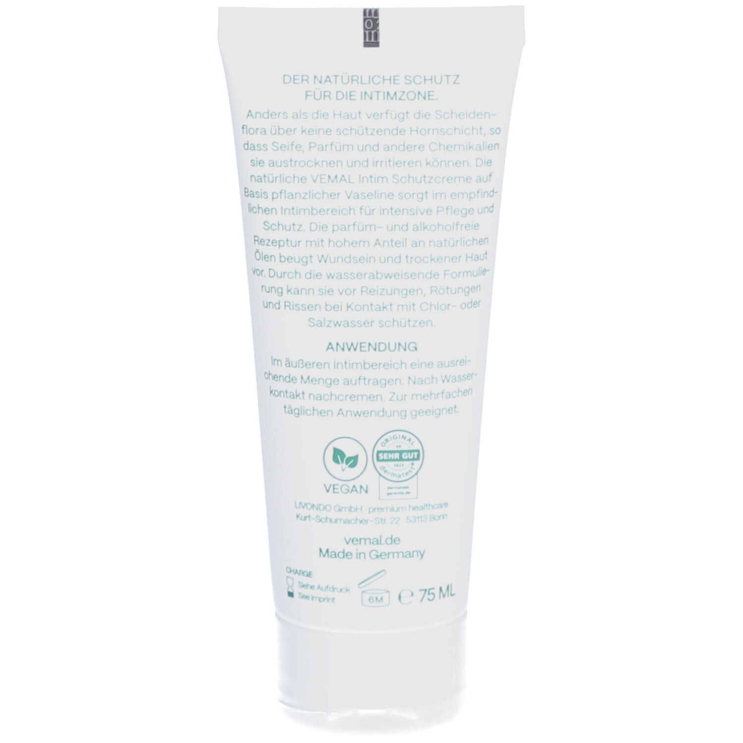 Rückseite der VEMAL Intim Schutzcreme Tube. Anwendungshinweise, Inhaltsstoffe, vegan.