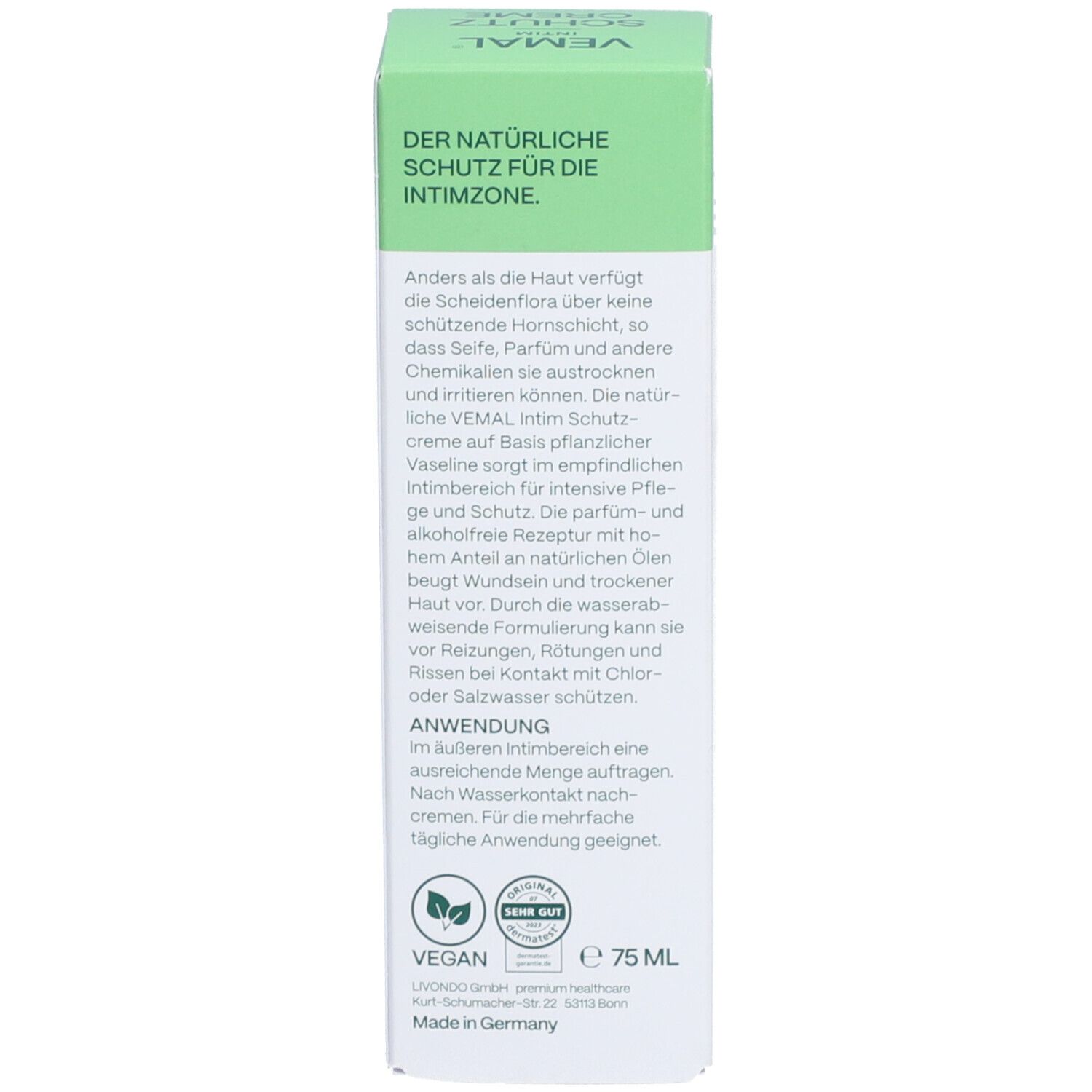 Rückseite der VEMAL Intim Schutzcreme Verpackung. Anwendungshinweise, Inhaltsstoffe, vegan.