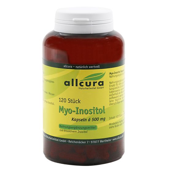 Braune Flasche mit weißem Deckel. Aufschrift: allcura, Myo-Inositol Kapseln 500 mg, 120 Stück.