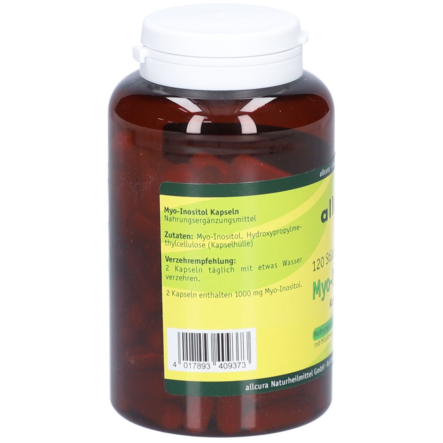 Braune Flasche mit weißem Deckel. Aufkleber mit Produktinformationen und Barcode. Marke: allcura. Enthält 120 Kapseln Myo-Inositol.