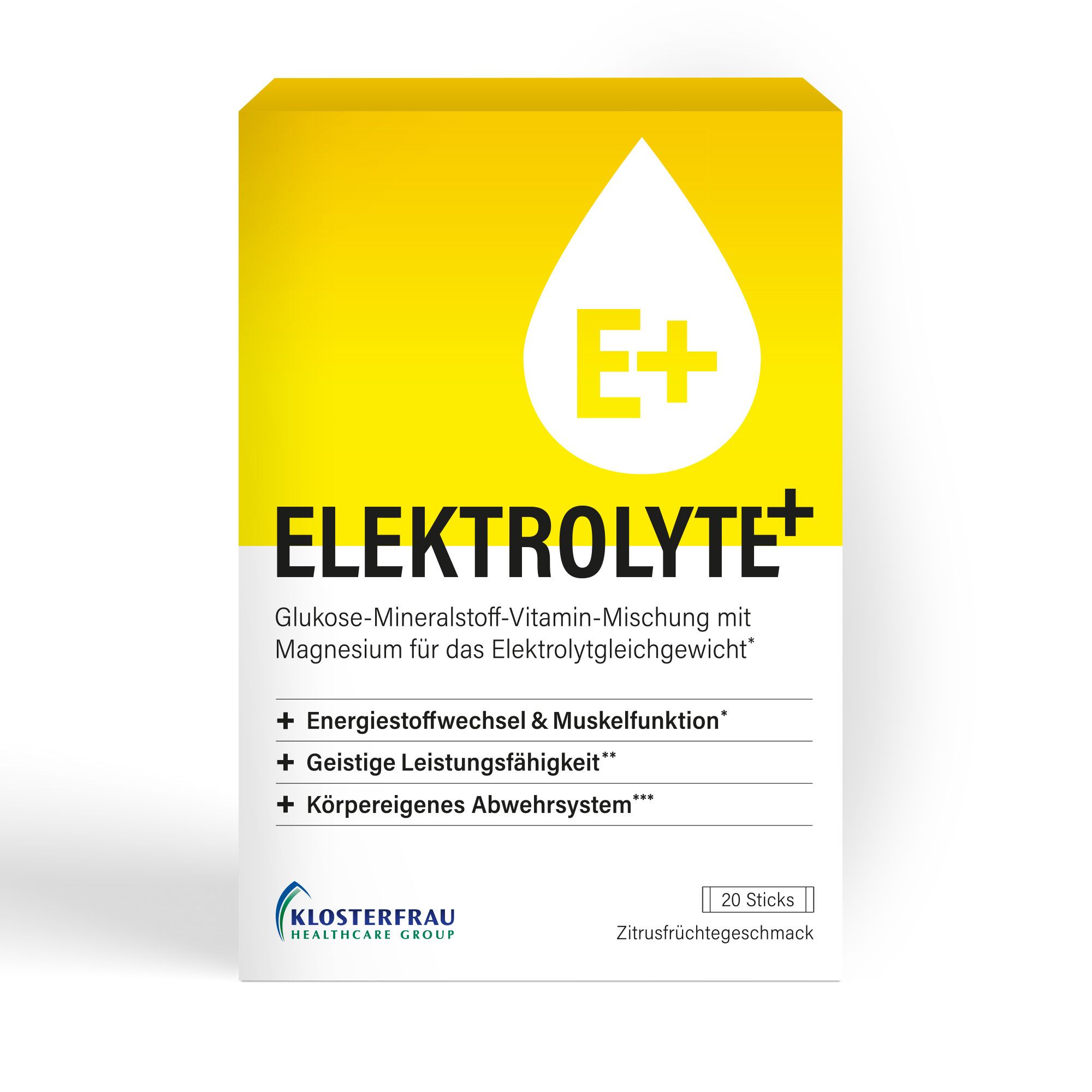 Gelbe Verpackung mit "Elektrolyte+" Schriftzug und Tropfen-Logo. Enthält 20 Sticks mit Zitrusfruchtgeschmack.