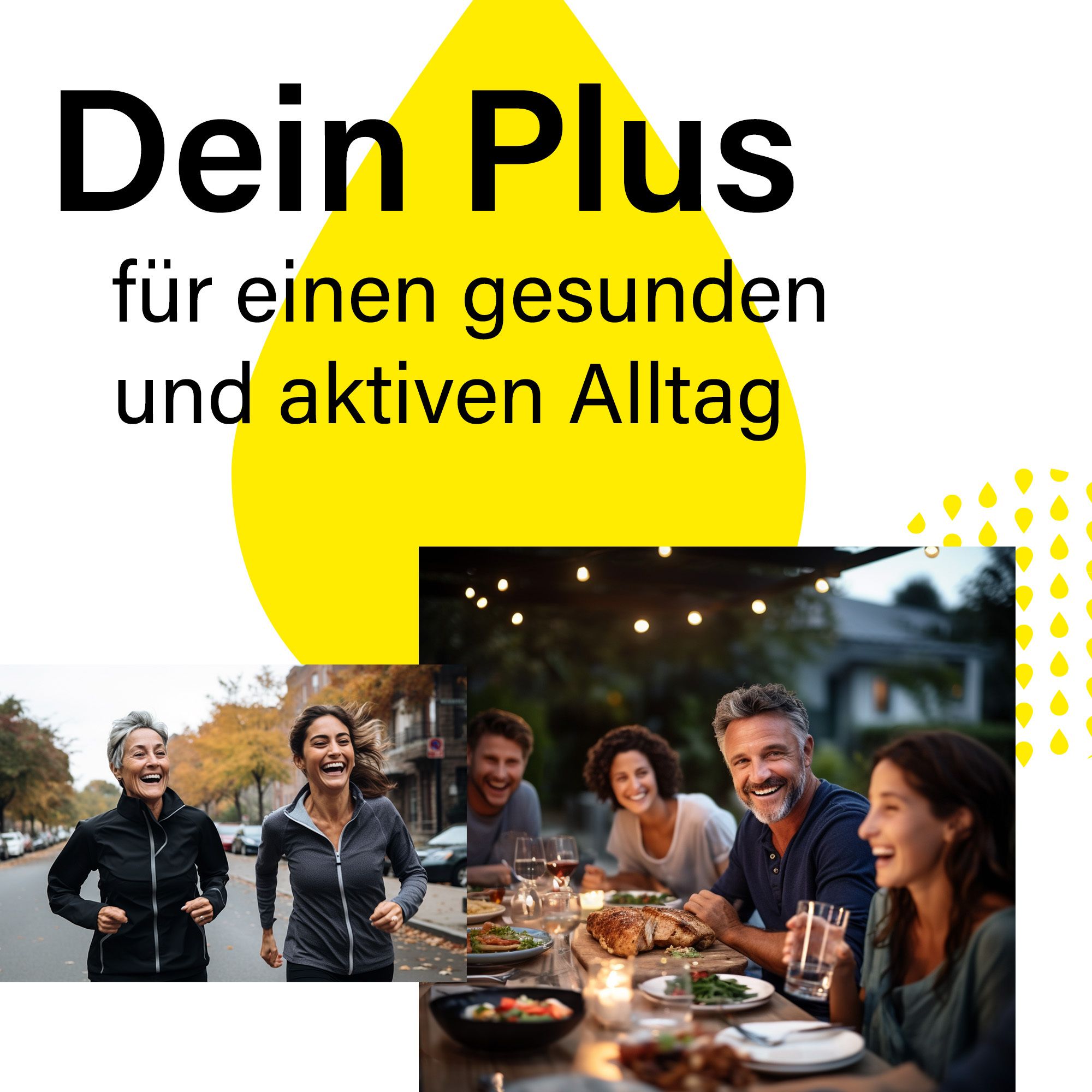 Bild mit Text: "Dein Plus" und Szenen von Menschen, die Sport treiben und sich im Freien vergnügen.