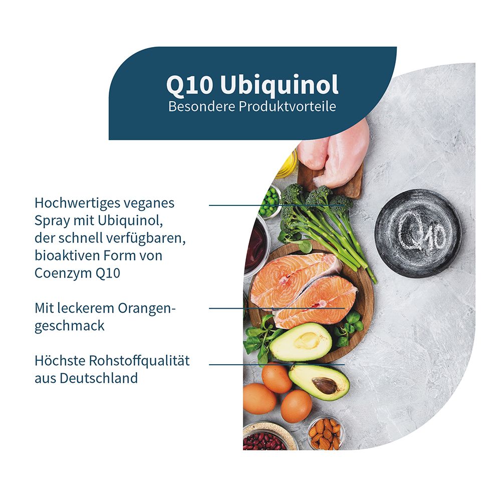 Vorteile von Q10 Ubiquinol Spray: vegan, bioaktiv, Orangen-Geschmack, deutsche Rohstoffqualität.