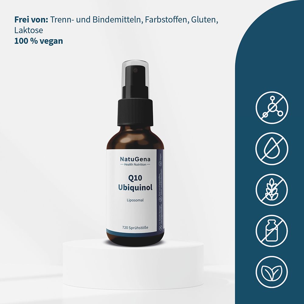 Q10 Ubiquinol Liposomal Spray, frei von Gluten, Laktose, Farbstoffen. 100% vegan.