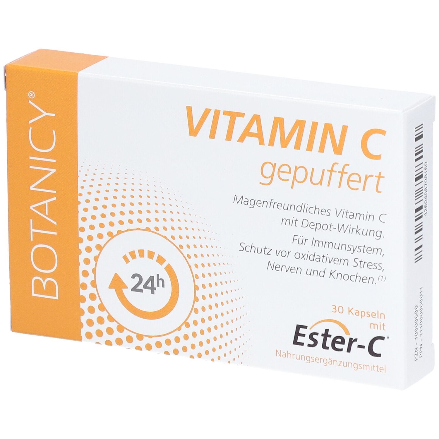 BOTANICY® Vitamin C gepuffert-Packung. 30 Kapseln. Mit Ester-C. Orange-weißes Design.
