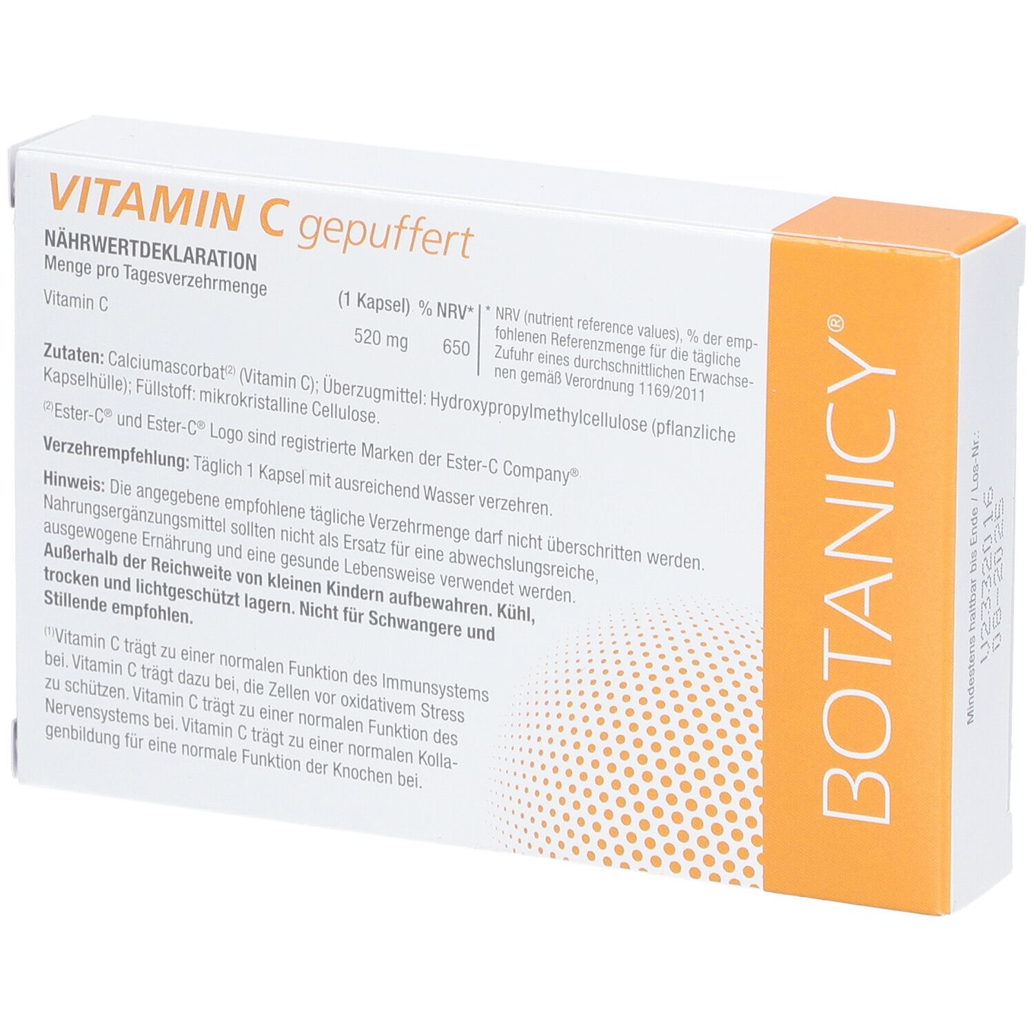 BOTANICY® Vitamin C gepuffert-Packung. Rückseite. Nährwertdeklaration. Orange-weißes Design.