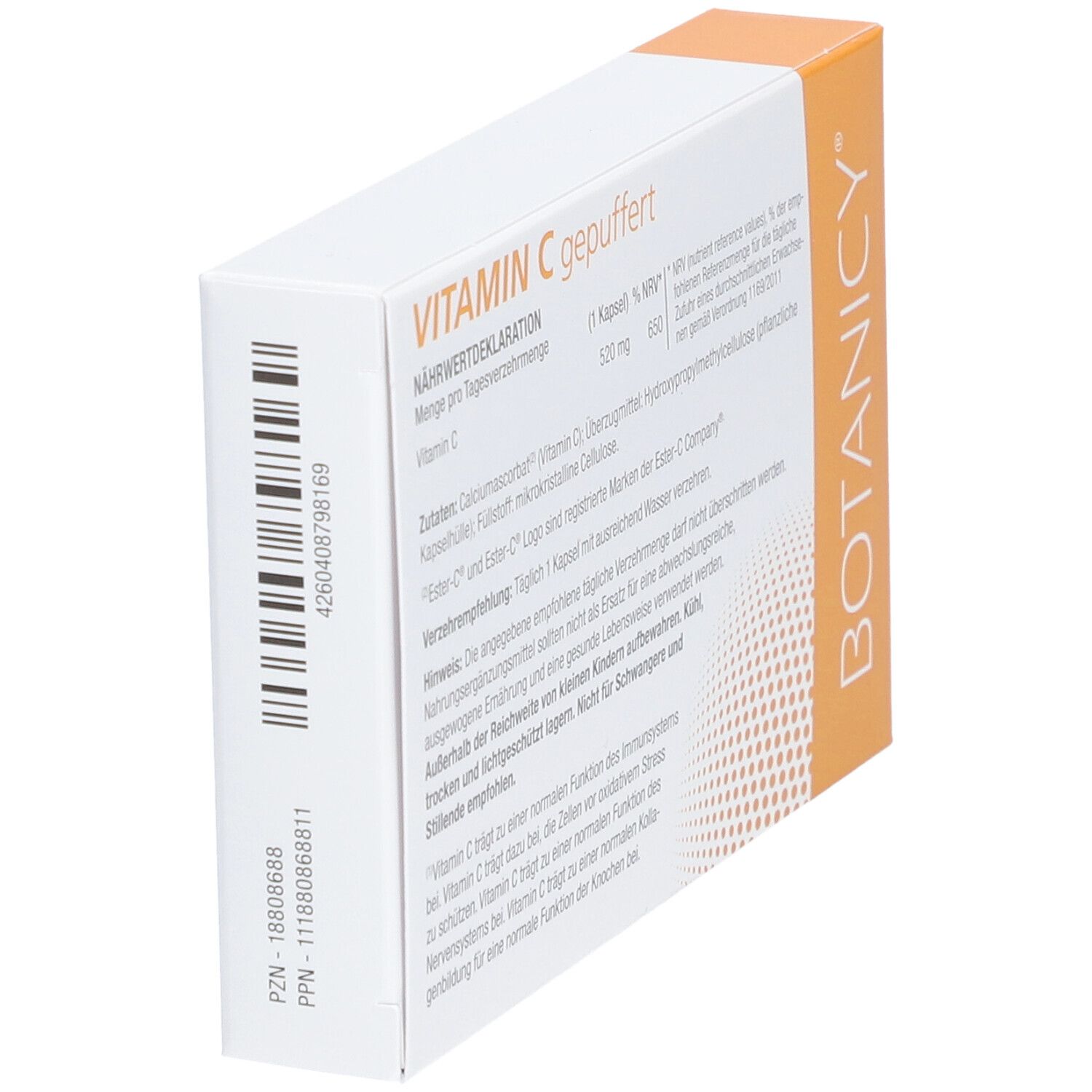 BOTANICY® Vitamin C gepuffert-Packung. Seitenansicht. Barcode. Orange-weißes Design.