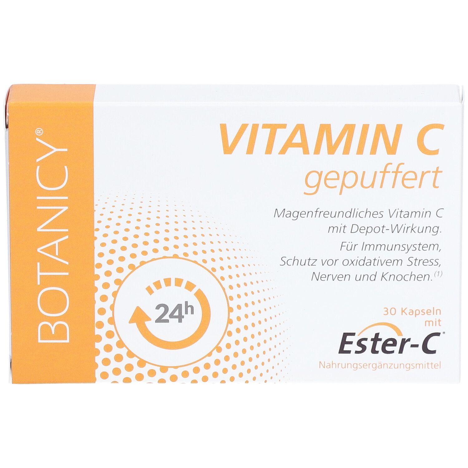 BOTANICY® Vitamin C gepuffert-Packung. 30 Kapseln. Mit Ester-C. Orange-weißes Design.