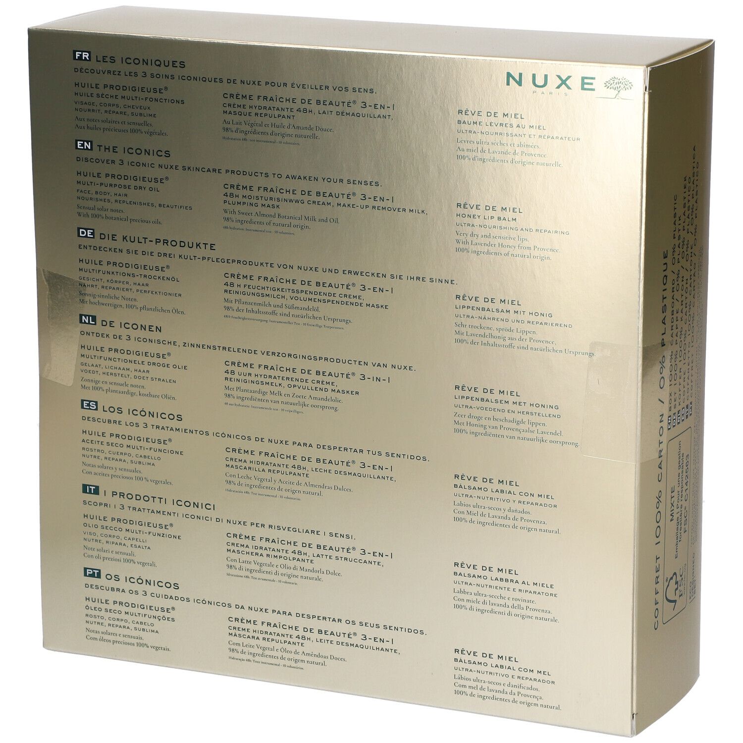 Rückseite der Geschenkbox mit Produktbeschreibungen in verschiedenen Sprachen. NUXE-Logo und Produktnamen sind sichtbar. FSC-Logo.