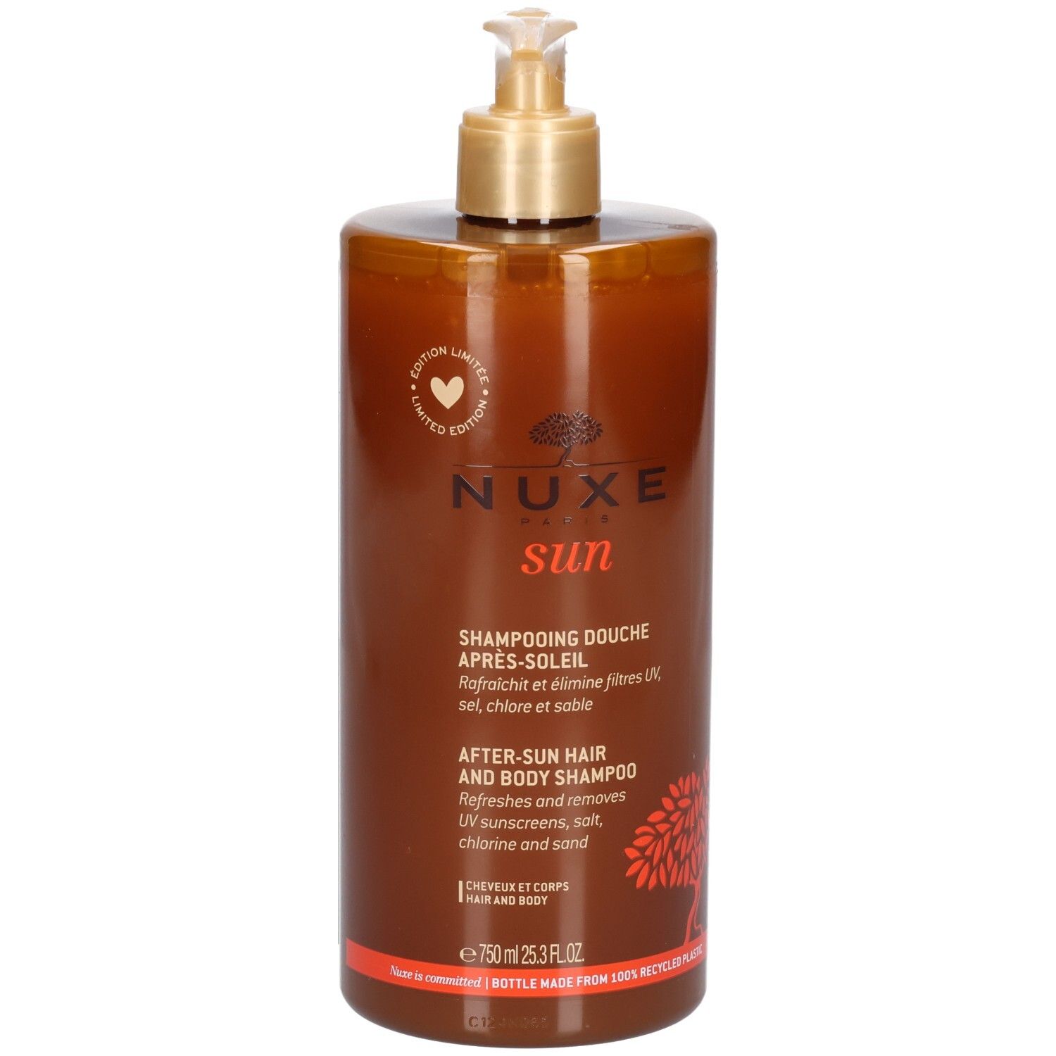 Nuxe After-Sun Dusch-Shampoo in brauner Flasche mit Pumpspender. 750ml.
