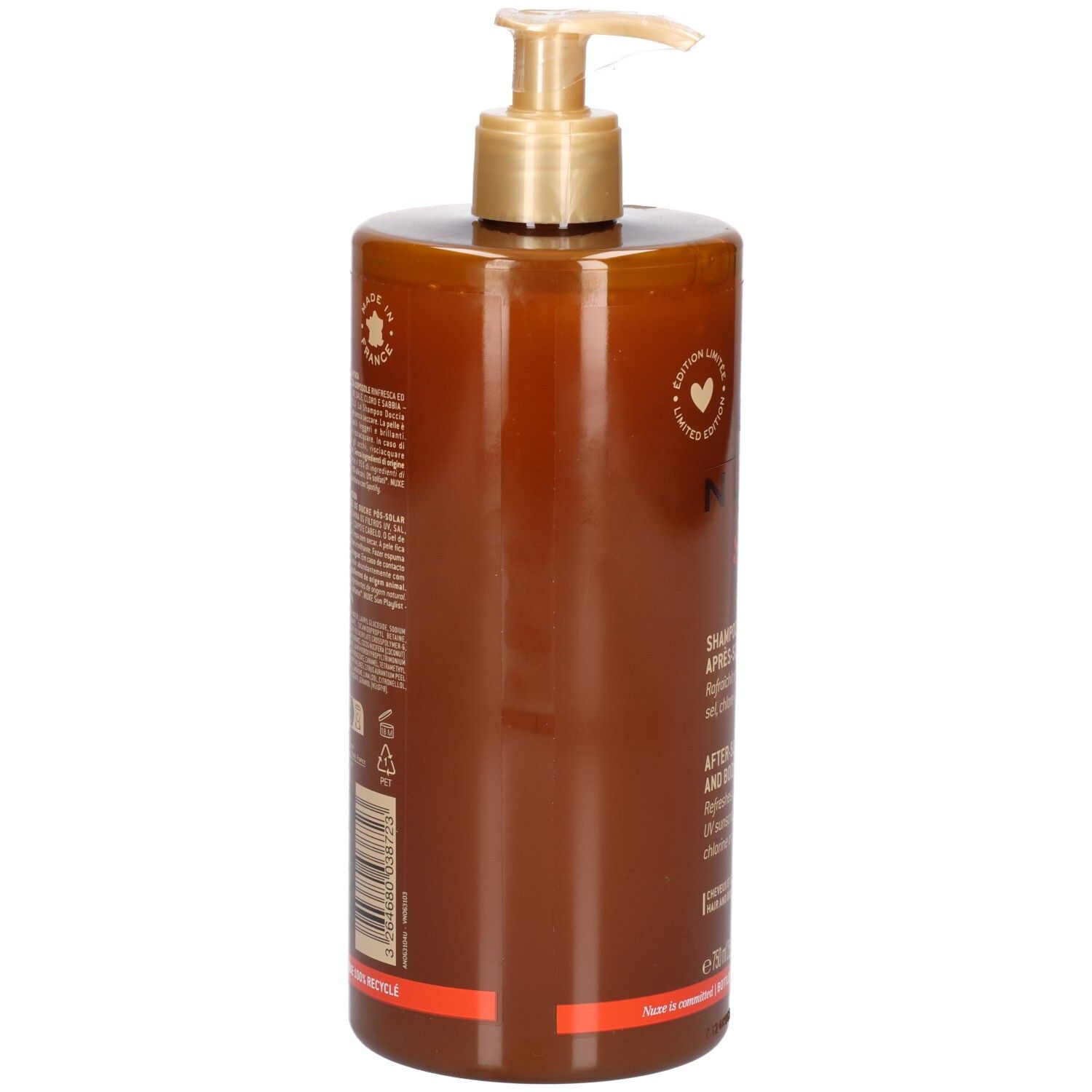 Rückseite der Nuxe After-Sun Dusch-Shampoo Flasche mit Produktinformationen und Recycling-Symbol.