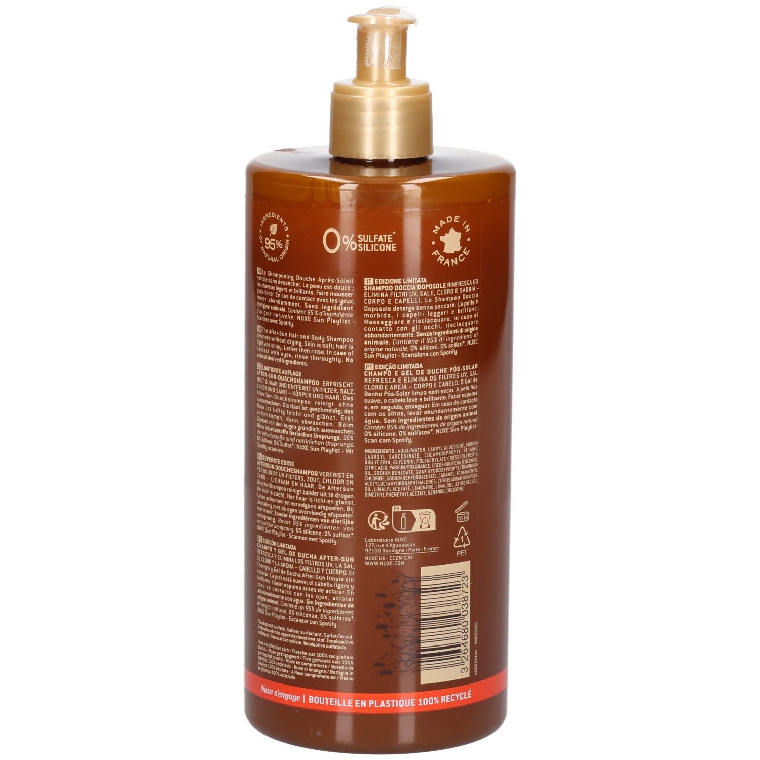 Rückseite der Nuxe After-Sun Dusch-Shampoo Flasche mit detaillierten Produktinformationen und Herkunftsangabe.
