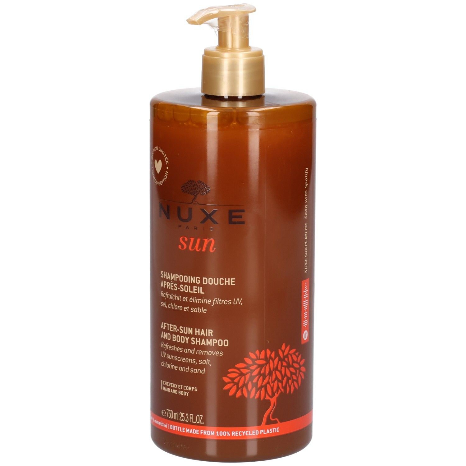 Nuxe After-Sun Dusch-Shampoo in brauner Flasche mit Pumpspender. 750ml.