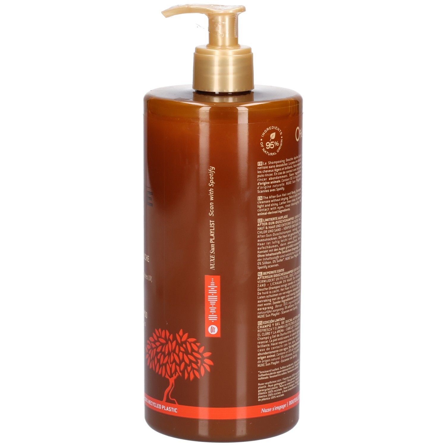 Seitenansicht der Nuxe After-Sun Dusch-Shampoo Flasche mit QR-Code und Produktinformationen.