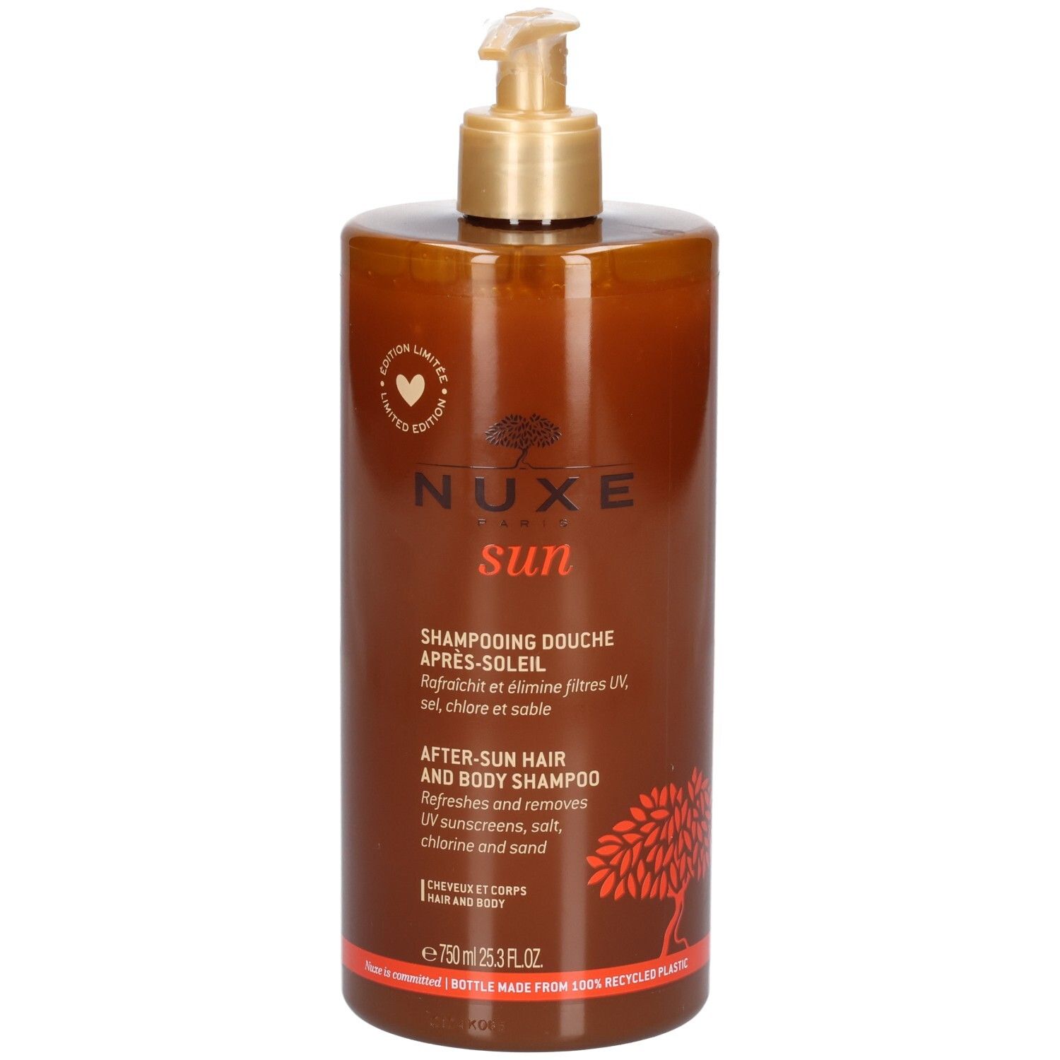 Nuxe After-Sun Dusch-Shampoo in brauner Flasche mit Pumpspender. 750ml.