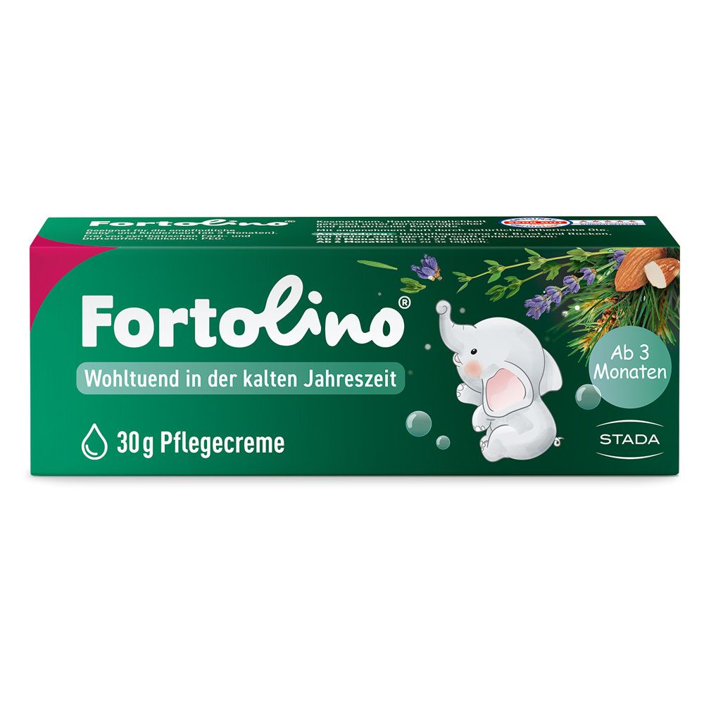 Grüne Faltschachtel mit Produktnamen Fortolino. Enthält 30g Pflegecreme. Ab 3 Monaten.