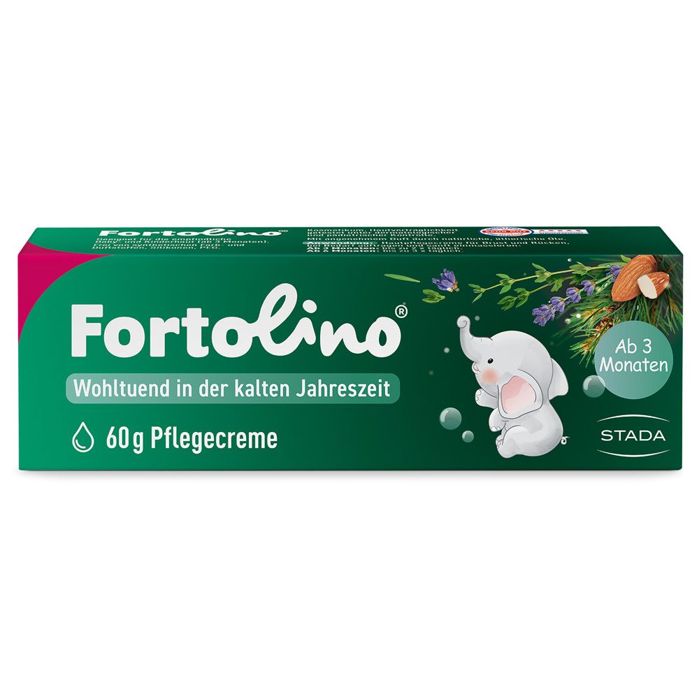 Grüne Faltschachtel mit Produktnamen Fortolino, Pflegecreme, Illustration eines Elefanten, Text und Logo.