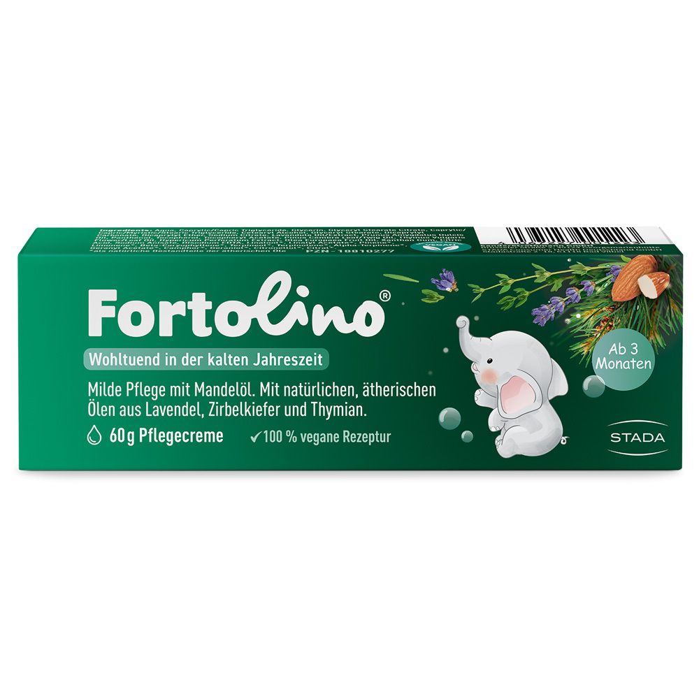 Grüne Faltschachtel mit Produktnamen Fortolino, Pflegecreme, Illustration eines Elefanten, Text und Logo.