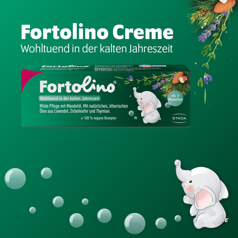 Grüner Hintergrund mit Produktnamen Fortolino Creme, Illustration eines Elefanten und Produktinformationen.