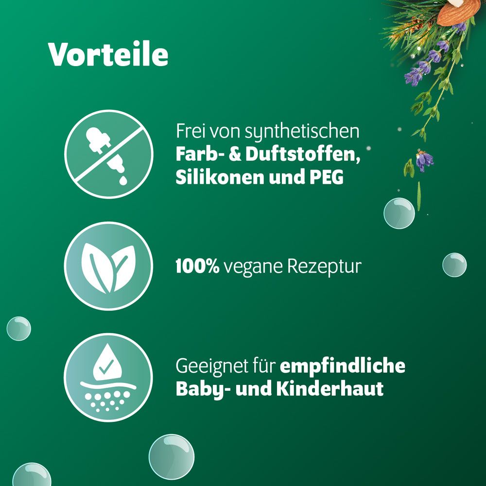 Illustrationen und Text: Vorteile, frei von synthetischen Farb- und Duftstoffen, Silikonen und PEG.