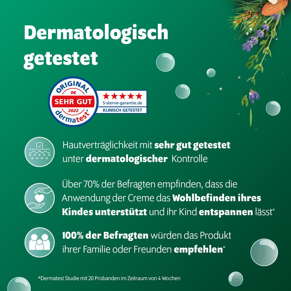 Text und Logo: Dermatologisch getestet, Hautverträglichkeit mit sehr gut getestet, 100% Empfehlung.