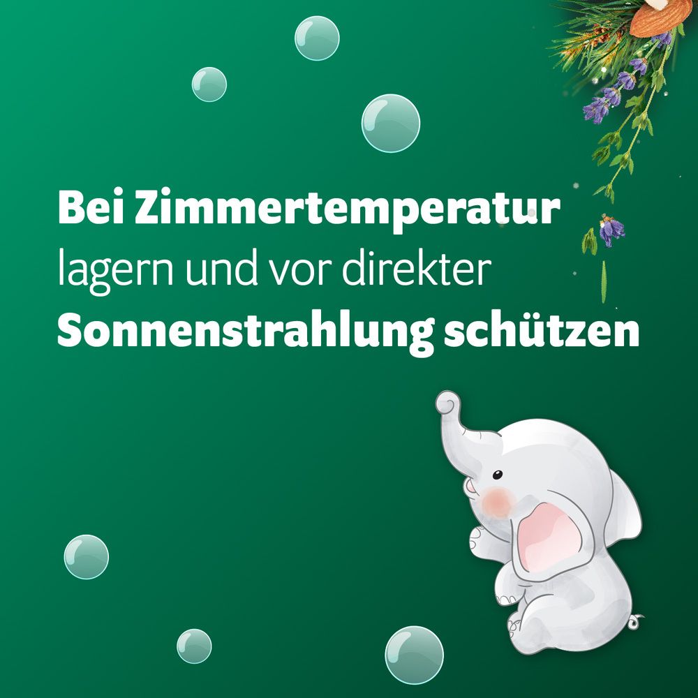 Grüner Hintergrund mit Text: Bei Zimmertemperatur lagern und vor direkter Sonneneinstrahlung schützen.