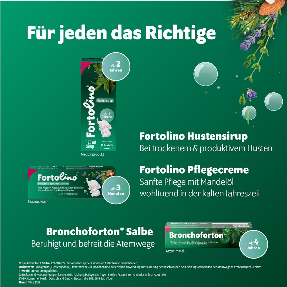 Produktabbildungen: Fortolino Hustensirup, Fortolino Pflegecreme, Bronchoforton Salbe, mit Text.