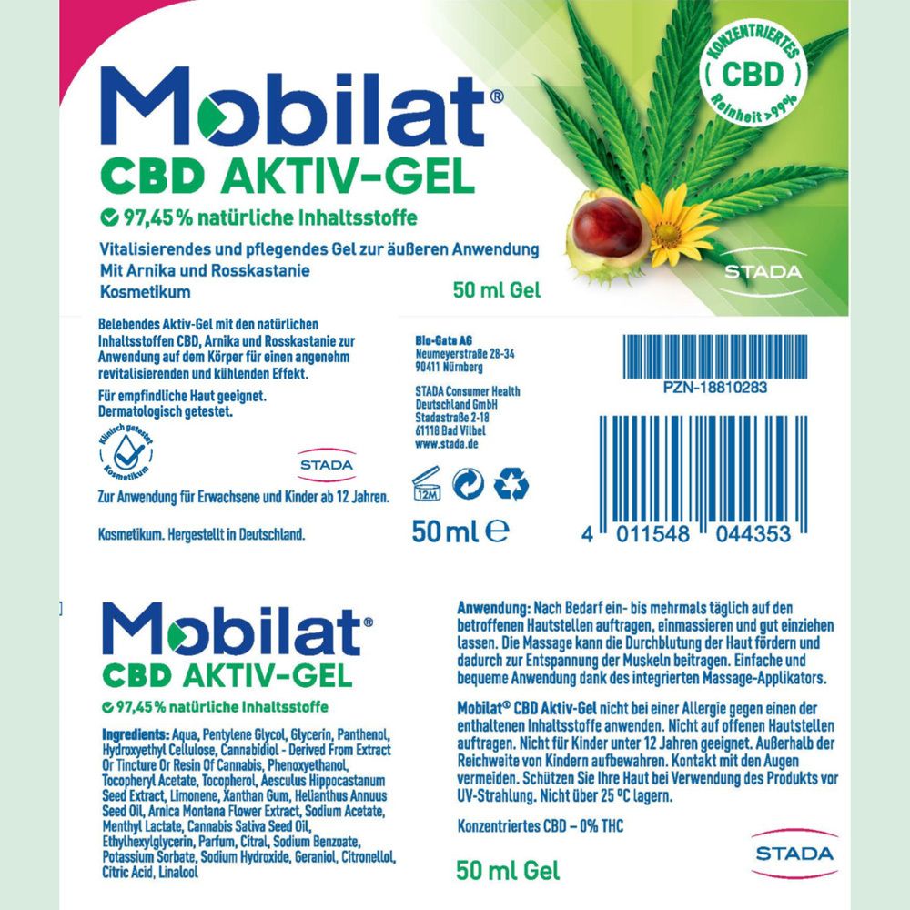 Rückseite der Mobilat CBD Aktiv-Gel Verpackung. Text und Inhaltsstoffe. 50 ml Gel.