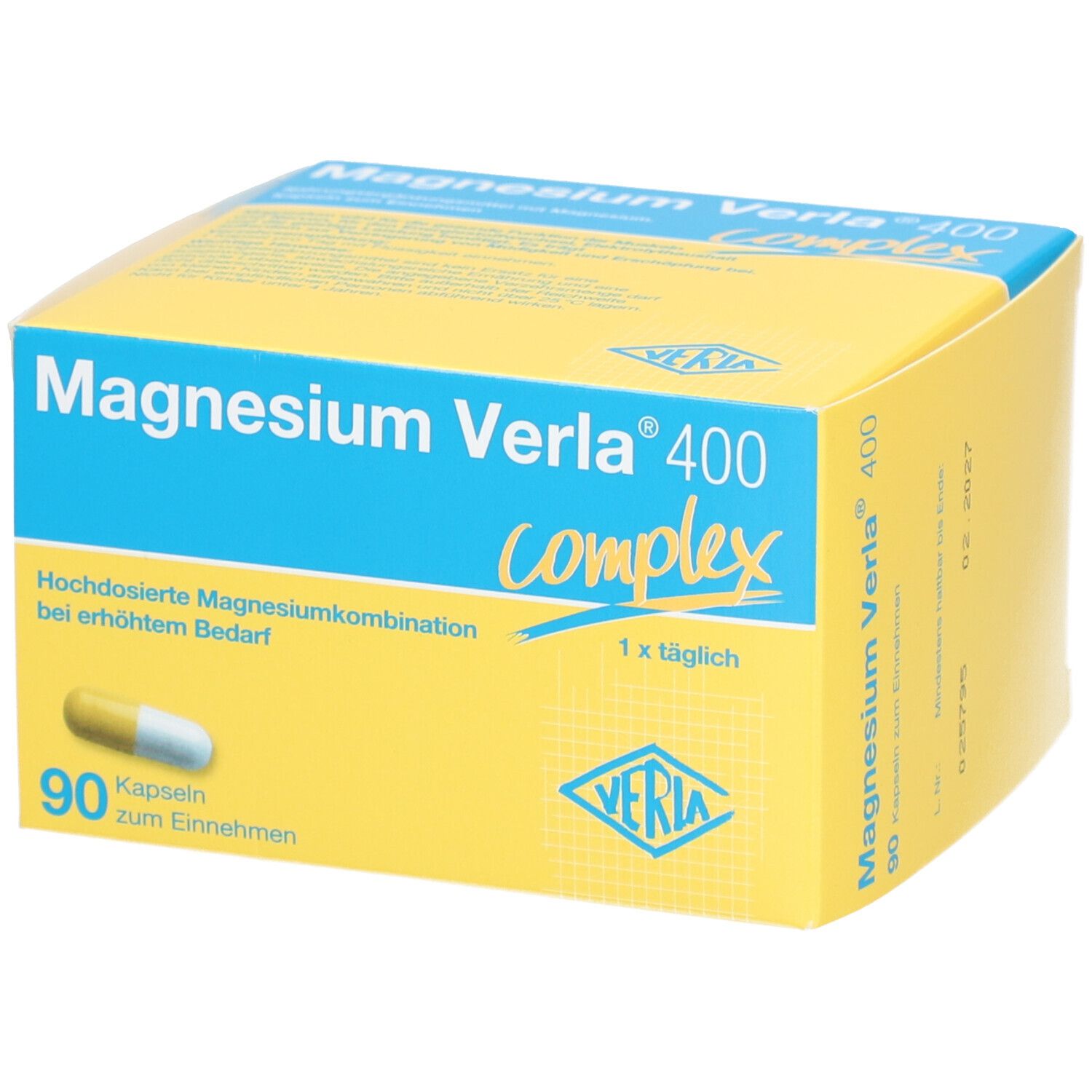 Gelb-blaue Schachtel mit "Magnesium Verla 400 complex". Enthält 90 Kapseln. Eine Kapsel ist sichtbar.