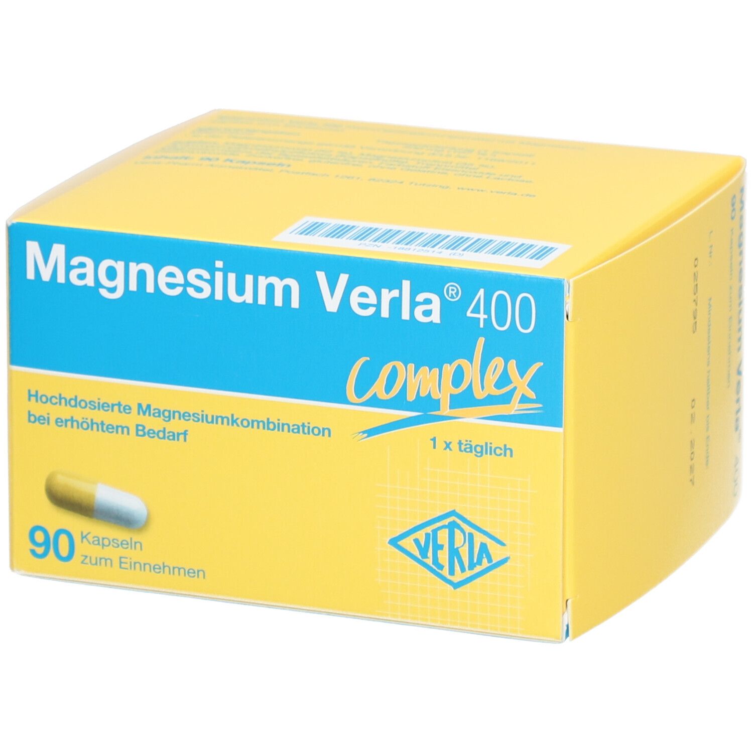 Gelb-blaue Schachtel mit "Magnesium Verla 400 complex". Enthält 90 Kapseln. Eine Kapsel ist sichtbar.