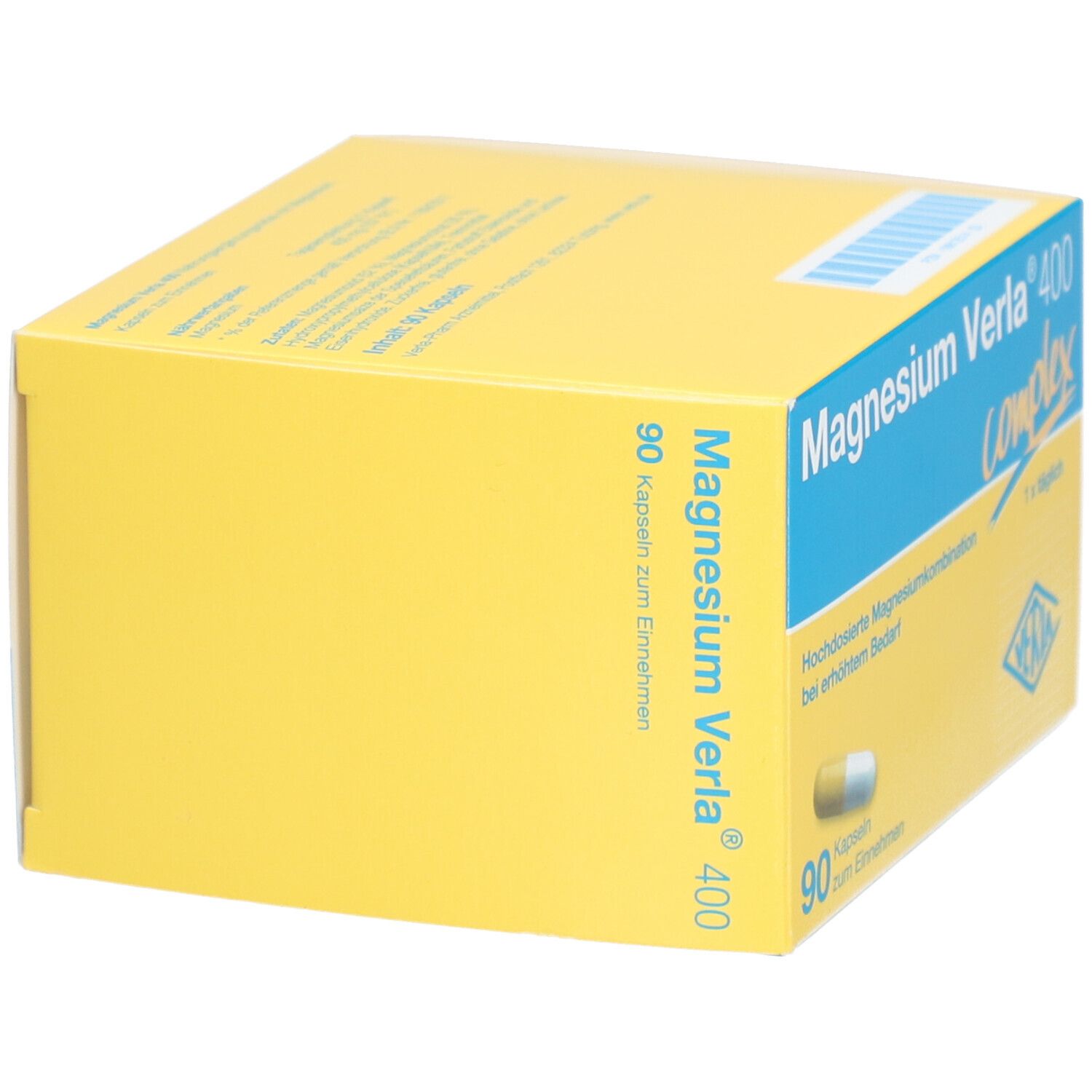 Gelb-blaue Schachtel mit "Magnesium Verla 400 complex". 90 Kapseln. Eine Kapsel ist sichtbar.