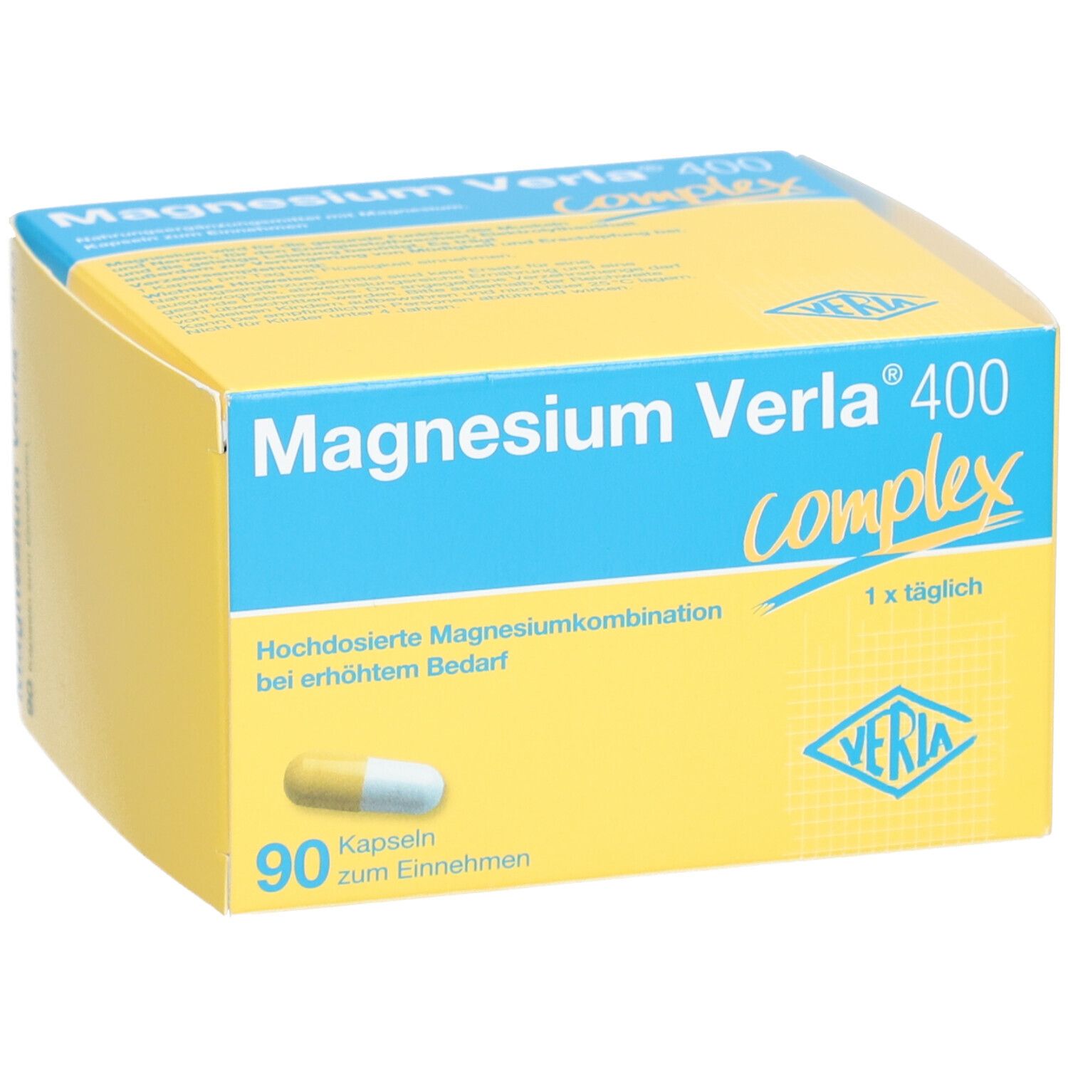 Gelb-blaue Schachtel mit "Magnesium Verla 400 complex". 90 Kapseln. Eine Kapsel ist sichtbar.