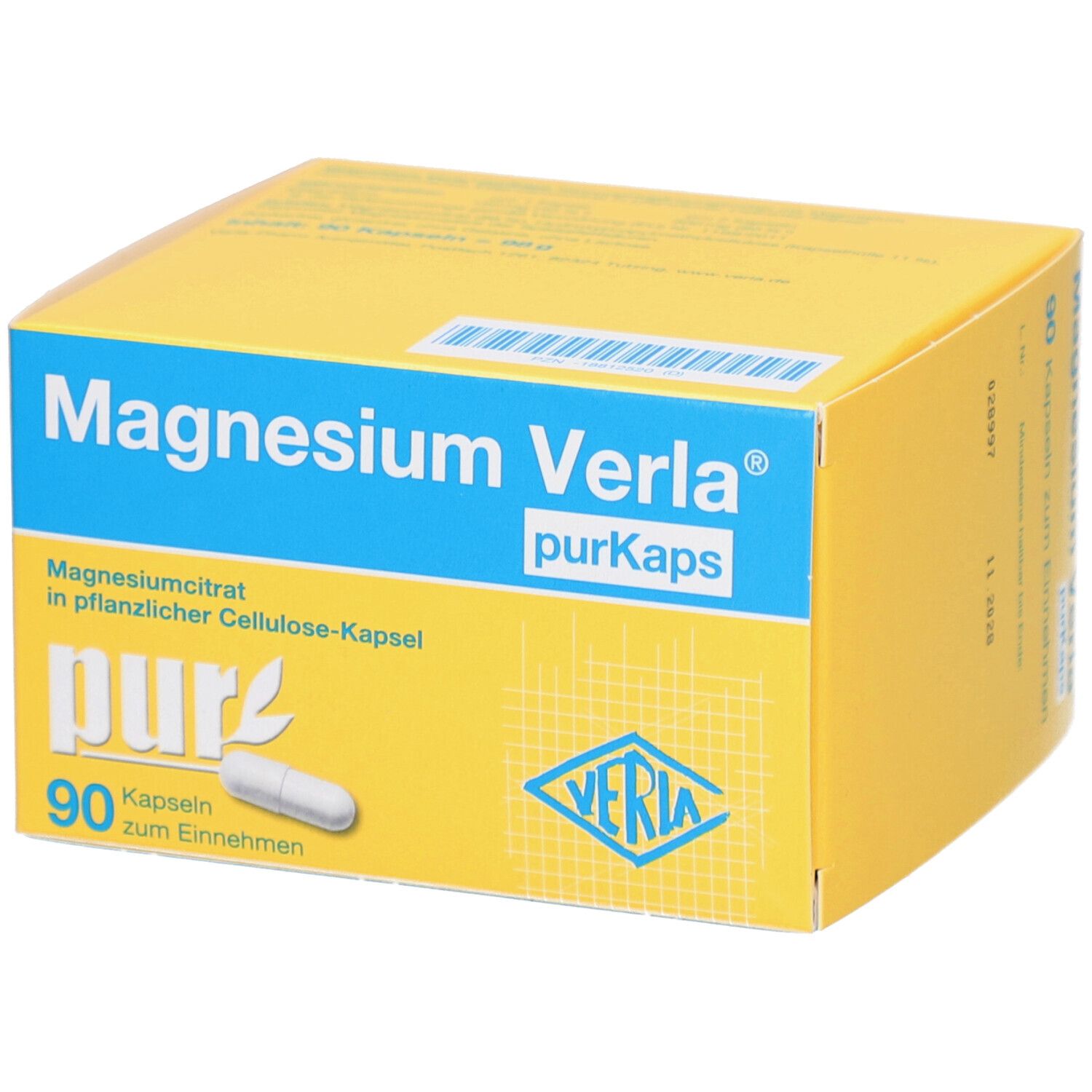 Gelbe Schachtel mit "Magnesium Verla purKaps"-Aufdruck. Enthält 90 Kapseln. Eine Kapsel liegt daneben.