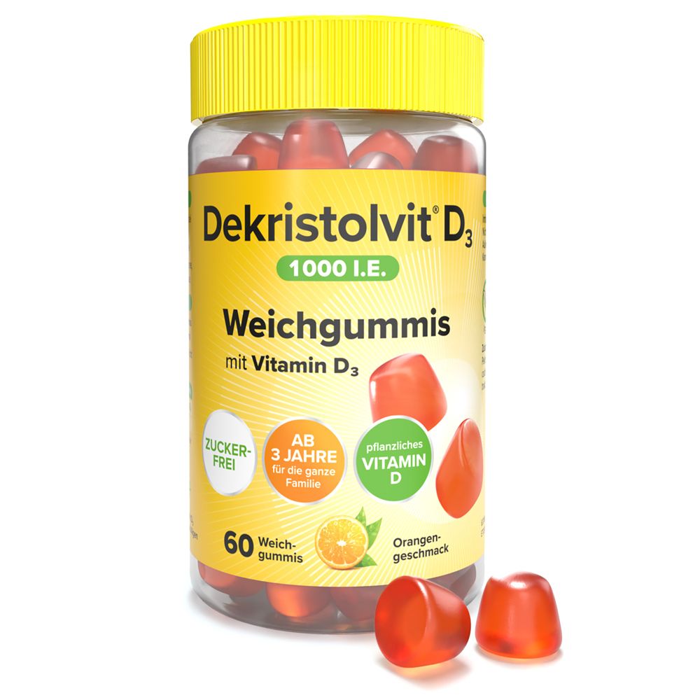 Transparente Dose mit roten Weichgummis. Aufschrift: Dekristolvit D3 1000 I.E. Weichgummis. 60 Weichgummis. Zuckerfrei.