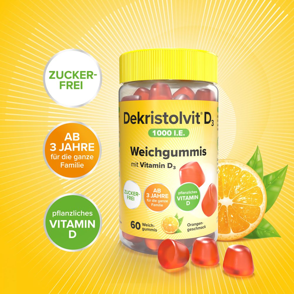 Gelber Hintergrund mit Produktabbildung. Dekristolvit D3 1000 I.E. Weichgummis. 60 Weichgummis. Logos: Zuckerfrei, ab 3 Jahren, Vitamin D.