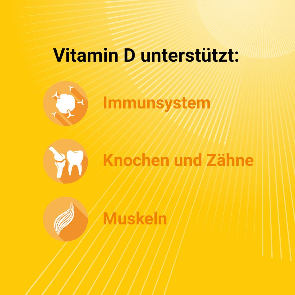 Gelber Hintergrund mit Text: Vitamin D unterstützt: Immunsystem, Knochen und Zähne, Muskeln. Kreisförmige Icons.