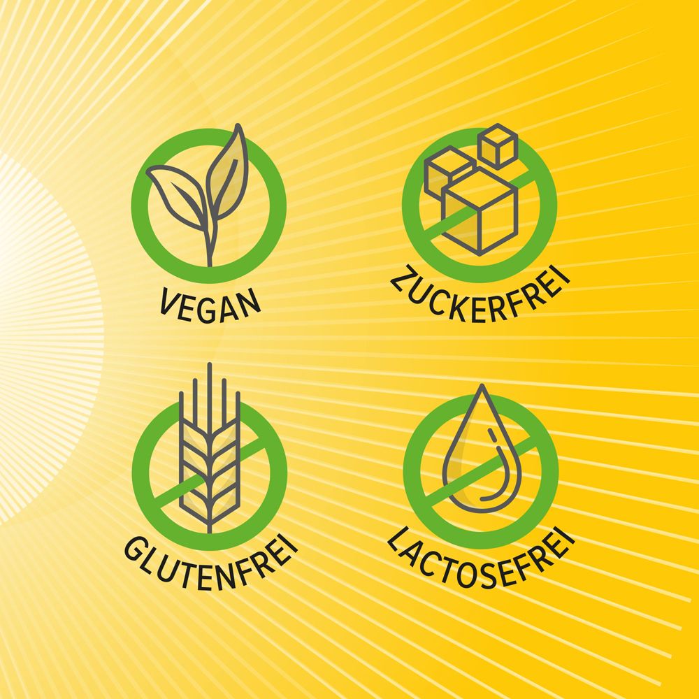 Gelber Hintergrund mit Logos: Vegan, Zuckerfrei, Glutenfrei, Lactosefrei. Grüne Kreise mit Symbolen.